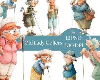 Old Lady Golfer Clipart: Retro Grandma Golf Art, Digital Download, Whimsical Designs for Crafts & Journals, funny senior graphics, png