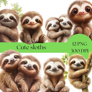 Cute Sloth Clipart, Watercolor Baby Sloth PNG, Nursery Decor, Digital Download, Birthday Party Invitation, Printable Art, kids craft project