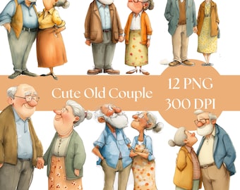 May include: Watercolor illustrations of elderly couples in various poses. The couples are dressed in casual attire, with the text "Cute Old Couple" and details about the image format and resolution.