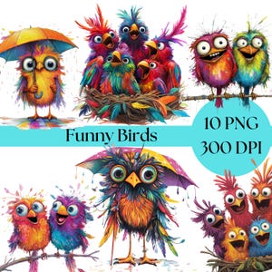 Quirky Bird Clip Art, Whimsical Birds PNG, Funny Bird Illustrations, Digital Download for Scrapbooking Fun and crafting projects card making
