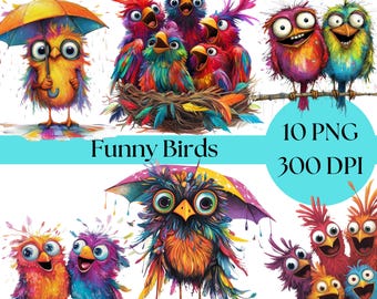 Quirky Bird Clip Art, Whimsical Birds PNG, Funny Bird Illustrations, Digital Download for Scrapbooking Fun and crafting projects card making