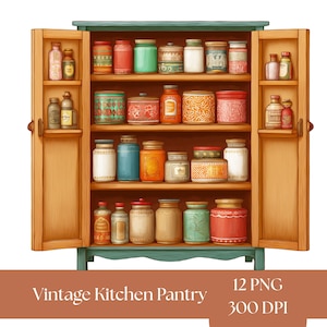 May include: A vintage kitchen pantry cabinet with open doors, filled with various jars and bottles of different shapes, sizes, and colours. The cabinet is painted in shades of brown, green, and blue. The text "Vintage Kitchen Pantry" is at the bottom.