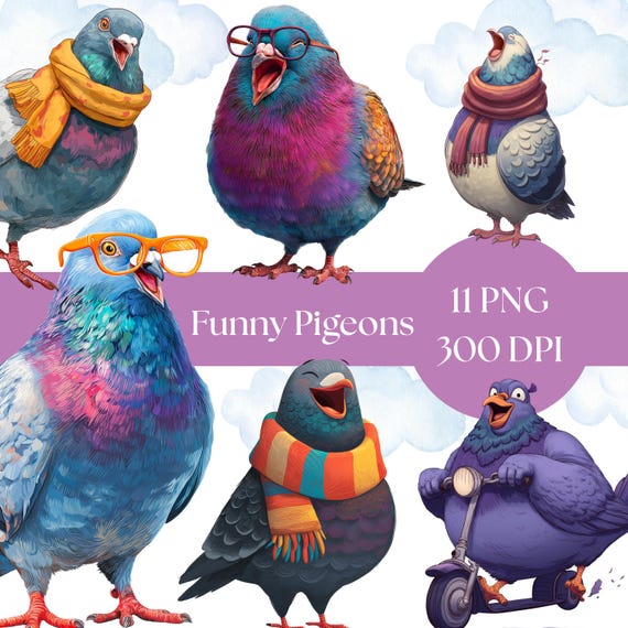 Funny Pigeon Clipart: Whimsical Bird PNG Graphics (Digital Download)