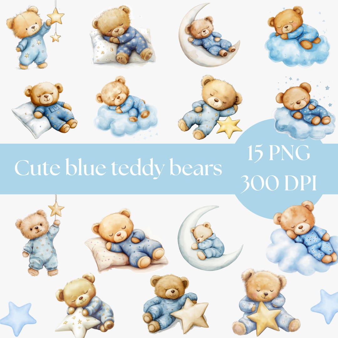 Blue Teddy Bear Watercolor Clipart: Baby Shower PNG Bundle (digital ...