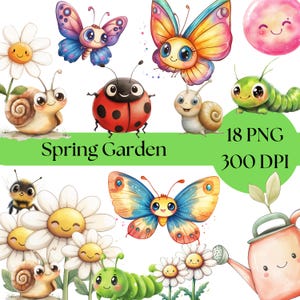 Insectos lindos PNG, imágenes prediseñadas de insectos en acuarela, descarga digital para decoración de guardería, adorables gráficos de insectos, imágenes PNG de jardín de primavera para scrapbooking