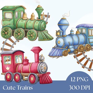 Watercolor Train Clipart, Digital Download PNG, Nursery Decor, Baby Shower Art, High Quality Clipart Bundle, nursery wall art, commercial
