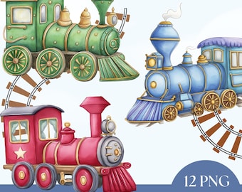 Clipart de tren de acuarela: Paquete PNG de decoración infantil (descarga digital)
