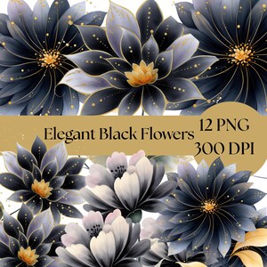 Elegant Black Flower Clipart, Digital Download, Floral Art, Printable Graphics for Crafts and Decor, graphics for invitations and scrapbooks