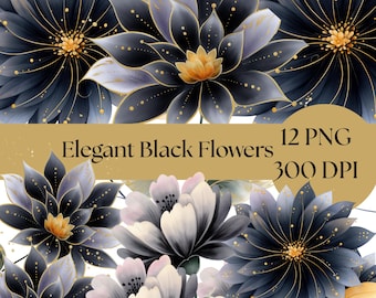 Elegant Black Flower Clipart: Watercolor Floral Art (Digital Download)