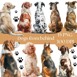 Chien de dos Clipart, Illustrations de chien aquarelle, téléchargement numérique, graphiques mignons pour animaux de compagnie, cadeau pour les amoureux des chiens, portraits d'animaux de compagnie, usage commercial PNG