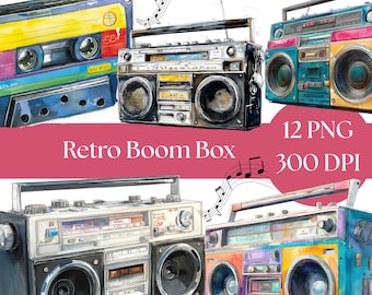 May include: Watercolor illustration of retro boomboxes in various colors, including blue, pink, yellow, and orange. A cassette tape is also shown. The image includes the text "Retro Boom Box" and "12 PNG 300 DPI". Musical notes are also included.