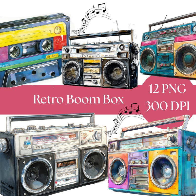 Retro Boom Box Clipart, 80s Vintage Stereo Graphics, Digital Download ...