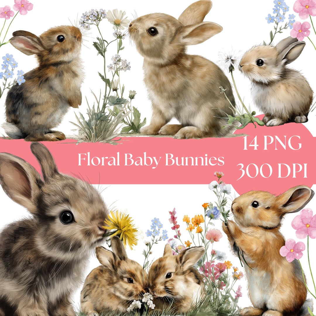 Floral Rabbit Clipart: Watercolor Bunny PNG for Spring Crafts (digital ...