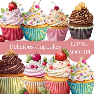 Cupcake Clipart Bundle, High-Quality PNGs, Watercolor Dessert Art, Digital Download, Commercial Use, Crafting, baking clipart, cakes