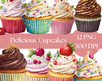 Watercolor Cupcake Clipart Bundle: Dessert PNGs (Digital Download, Commercial Use