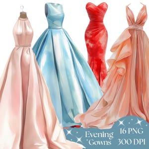 Clipart Sukni Wieczorowej, Eleganckie Kobiety PNG, Clipart Mody, Niestandardowe Pobieranie Cyfrowe, Wydrukowalna Sztuka do Rzemiosła, Suknie Formalne, Użytek Komercyjny