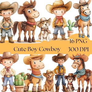 Baby Boy Cowboy Clip Art, Watercolor Western Theme, Baby Shower Decor, Cute Cowboy Clipart, Digital Download for Nursery Art, instant PNGs