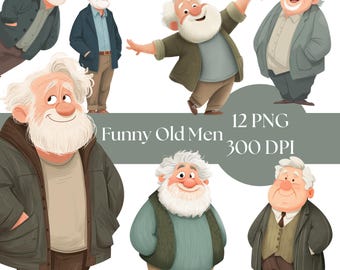 May include: Digital illustrations of cartoon old men in various poses. The men have white hair and beards, wearing jackets, sweaters, and dress shirts. The image includes the text "Funny Old Men", "12 PNG", and "300 DPI".