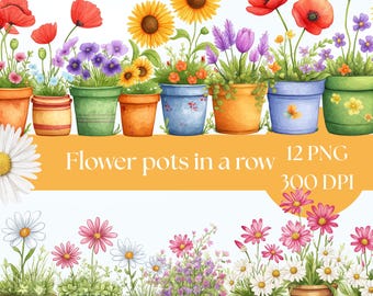 Puede incluir: Ilustración en acuarela de una fila de macetas llenas de flores coloridas. Las macetas son de varios colores y diseños, con el texto "Flower pots in a row 12 PNG 300 DPI". Las flores incluyen amapolas y girasoles.