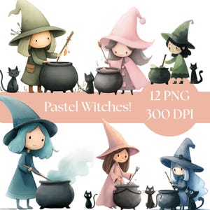 Pastel Witch Clipart, Watercolor Magic Art, Mystical PNG, Witchy Digital Download, Commercial Use Graphics for crafts, spooky Halloween PNG