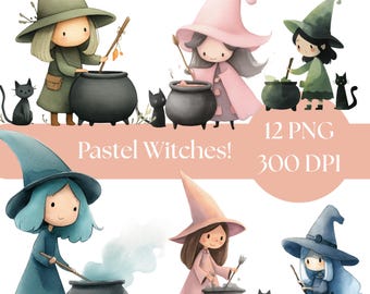 Pastel Witch Clipart, Watercolor Magic Art, Mystical PNG, Witchy Digital Download, Commercial Use Graphics for crafts, spooky Halloween PNG