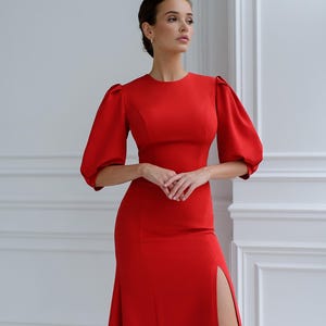 Elegant Midi Dress with Puff Sleeves – Black Long Evening Dress, Midi Cocktail Dress, Bridal Dress, Black Midi Dress, Long Sleeved Dress