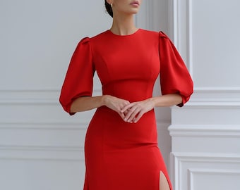 red pencil dress long sleeves Red Pencil Dress // Vintage 1980s 1990s / Hannah Hardy / Long Sleeves / Knee Length / Crew Neck / Button Details / Fully Lined / Size S
