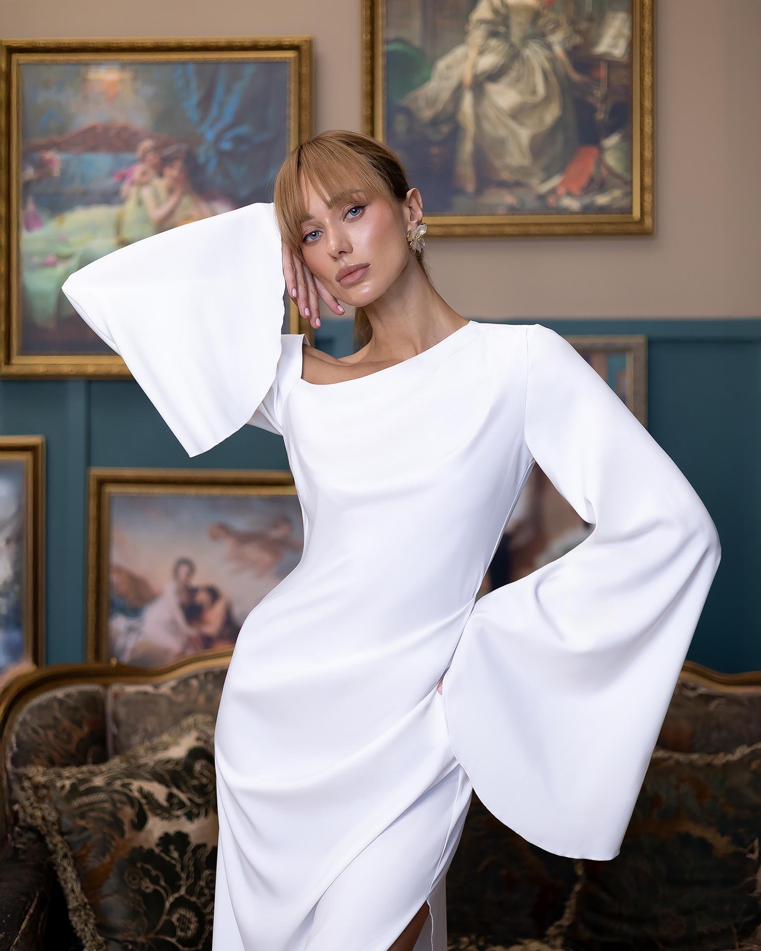 White Asymmetric Satin Dress Wedding & Evening Dress With Slit, Party Dress, Maxi Bridal Dress, Minimalist Dress
