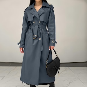 Gabardina de ante color chocolate: prenda elegante y versátil con forro de jacquard, gabardina de primavera, gabardina larga para mujer, abrigo de otoño Gris