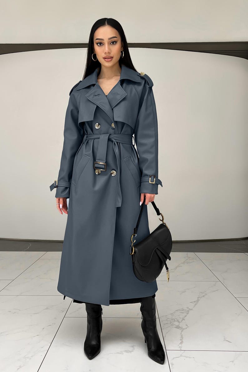 Gabardina de ante color chocolate: prenda elegante y versátil con forro de jacquard, gabardina de primavera, gabardina larga para mujer, abrigo de otoño Gris