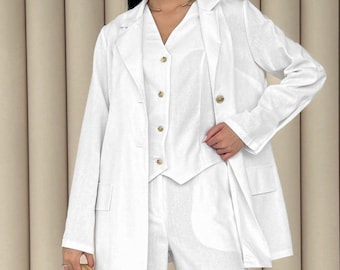 White Linen Suit Set Vest and Pants with Blazer, Elegant Summer Suit