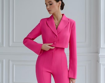 Himbeerfarbener Maßanzug - Hoch taillierte Schlaghose & kurzer Blazer, eleganter Anzug, klassischer Geschäftsanzug, Damenbüro-Anzug, Hosenanzug