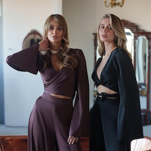 Black Elegant Two Piece Women Suit – Satin Top & Wide-Leg Pants, Black Satin Suit, Classic Business Suit, Black Office Set Suite, Pants Suit