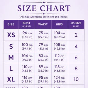 May include: A purple and white size chart from BLOOMARYME with the text 'SIZE CHART' and 'Designed for life'. The table lists sizes XS through XXL with corresponding bust, waist, and hip measurements in both centimeters and inches, plus US sizes 2 to 12.