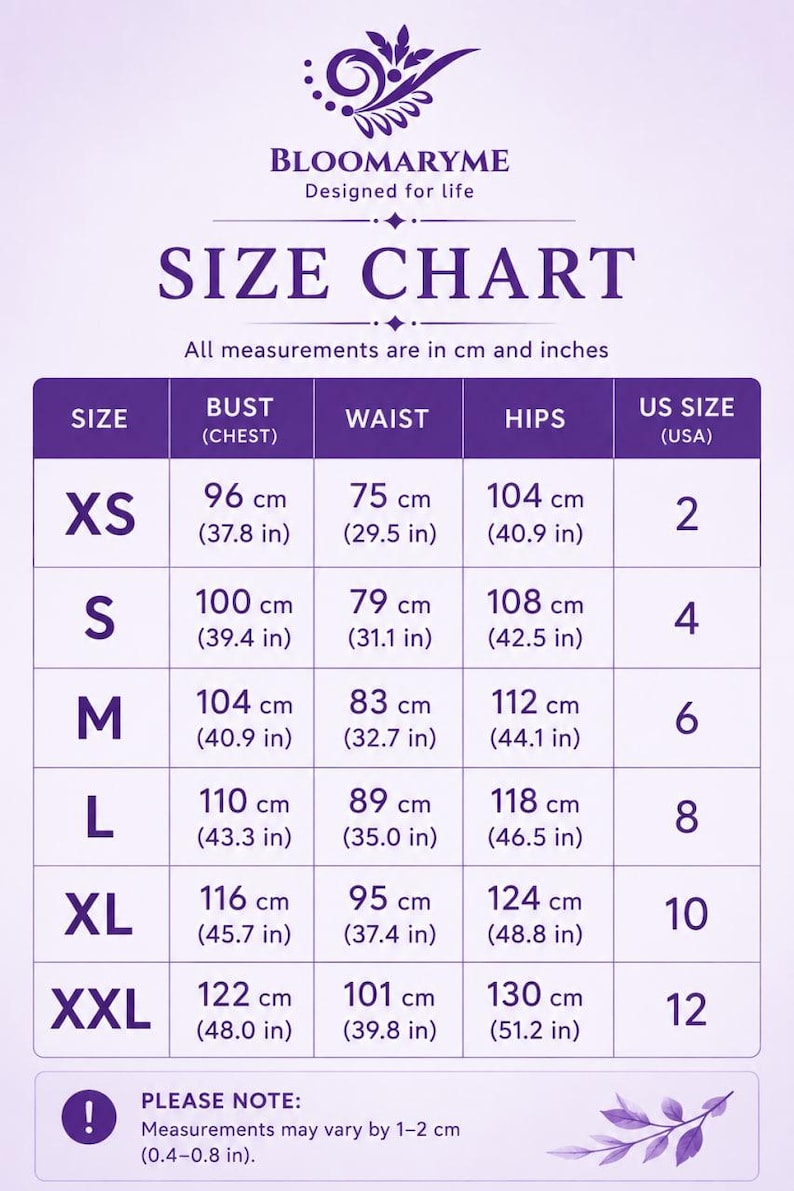 May include: A purple and white size chart from BLOOMARYME with the text 'SIZE CHART' and 'Designed for life'. The table lists sizes XS through XXL with corresponding bust, waist, and hip measurements in both centimeters and inches, plus US sizes 2 to 12.