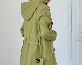 Black Cotton Trench Coat Double-Breasted Trench Coat With Removable Hood, Long Denim Cotton Coat, Classic Belted Overcoat For Women, XS-XL