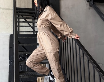 Vintage Style Utility Jumpsuit Women, Waterproof Windbreaker Jumpsuit, Adjustable Waist Cargo