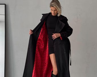 Black Cotton Trench Coat with Red Satin Lining, Trench Coat Cotton, Women's Trench Coat, Vintage Trench Coat, Long Autumn Trench Coat