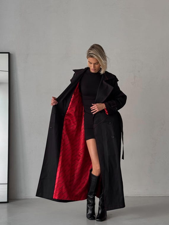 Black Cotton Trench Coat with Red Satin Lining, Trench Coat Cotton, Women's Trench Coat, Vintage Trench Coat, Long Autumn Trench Coat