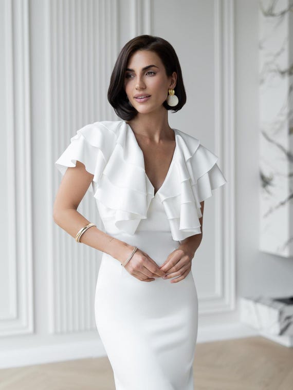 Elegant White Midi Dress With a Playful Slit, White Long Evening Dress, Midi  Wedding Dress, White Bridal Dress, Beige Midi Dress With Wings - Etsy  Australia