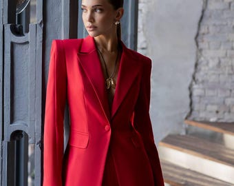 Completo pantalone rosso formale - Blazer monopetto e pantaloni dritti a vita alta, completo pantalone da sposa alto