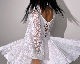 Lace Corset Mini Dress, Puff Sleeve Bridal Dress, Civil Ceremony Dress, Short Wedding Dress, Princess Reception Dresses