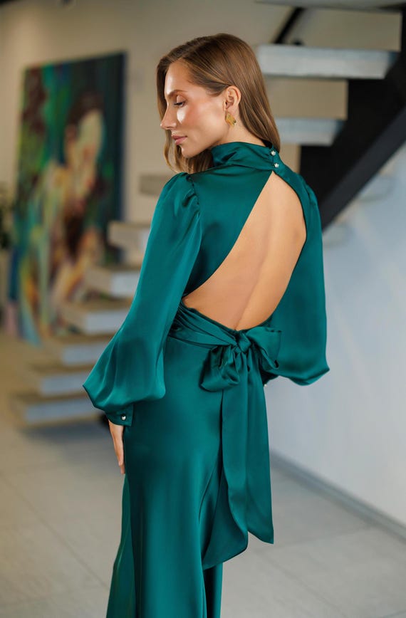 Green Elegant Dress Maxi - Open Back with Bow, Royal Satin Dress, Midi Wedding Dress, Peach Evening Dress Long, Green Long Sleeved Dress Green Elegant Dress Maxi - Open Back with Bow, Royal Satin Dress, Midi Wedding Dress, Peach Evening Dress Long, Green Long Sleeved Dress