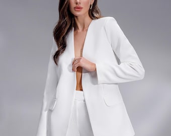 Elegant Tailored Suit – Collarless Blazer & Slim-Fit Trousers, Women's Suit Set, Classic Business Suit with corset, White Women's Pants Suit