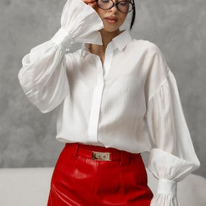 White Elegant Blouse for Women, Sheer Organza Shirt, White Top with Long Bishop Sleeves, White Womens Blouse, Vintage Blouse, Simple Blouse