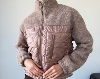 Women’s Wool Bomber Jacket, Quilted Puffer Bomber with Bio Down, Zip Up Winter Jacket