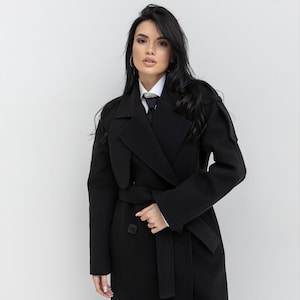 Black Wool Coat Long, Warm Wool Wrap Coat, Wool Coat with belt, Elegant Wool Coat, Minimalist Women&#39;s Coat, Autumn Classic Wool Coat