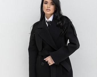 Black Wool Coat Long, Warm Wool Wrap Coat, Wool Coat with belt, Elegant Wool Coat, Minimalist Women's Coat, Autumn Classic Wool Coat