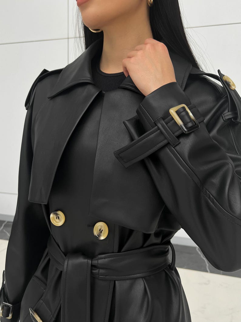 Gabardina de ante color chocolate: prenda elegante y versátil con forro de jacquard, gabardina de primavera, gabardina larga para mujer, abrigo de otoño imagen 3
