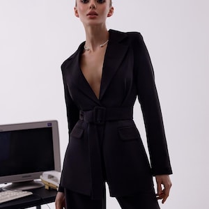 Black Two-Piece Women&#39;s Suit – Blazer & Wide-Leg Pants, Formal Ladies Trouser Suit, Classic Business Suit, Elegant Two-Piece Outfit